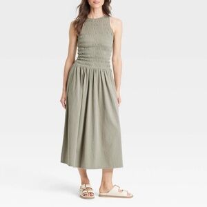 New Women's Smocked Knit Maxi a-Line Dress - Universal Thread Olive Green